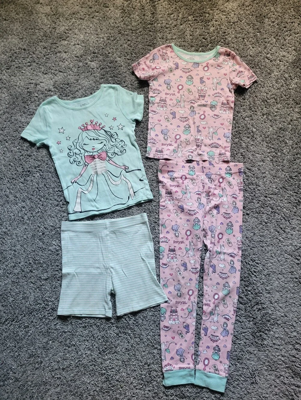 Girls Pink & Mint Princess Pajama Set - Soft Cotton Pants & Shorts Size 6 Bundle